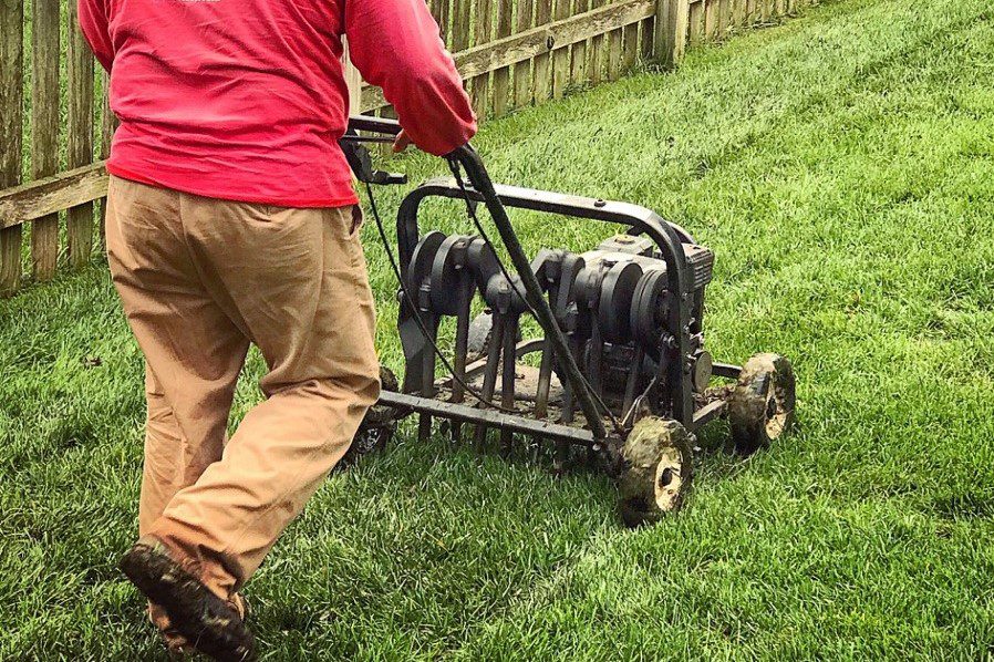 Man Pushing A Manual Lawn Moner In A Grass