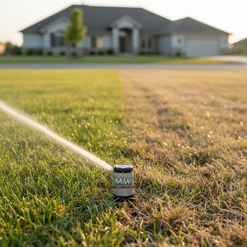 Lawn sprinkler head spraying unevenly over a yard in Olathe, KS — a sign of irrigation repair needs