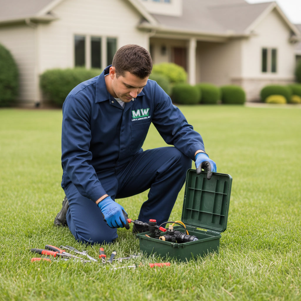 Professional technician repairing a residential irrigation system in Johnson County, KS