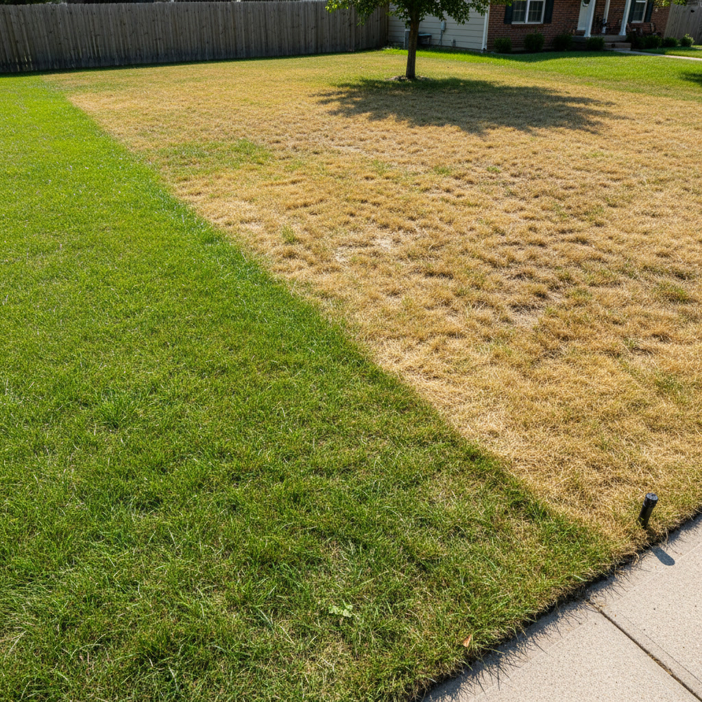 Patchy lawn with dry brown spots caused by uneven sprinkler watering