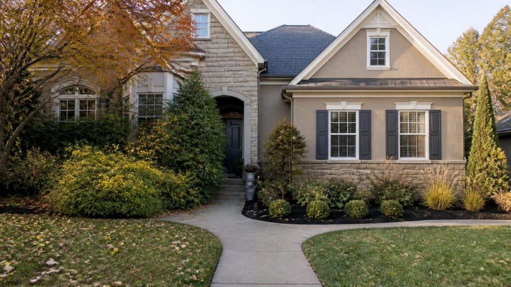 Before and after replacement of overgrown foundation landscaping