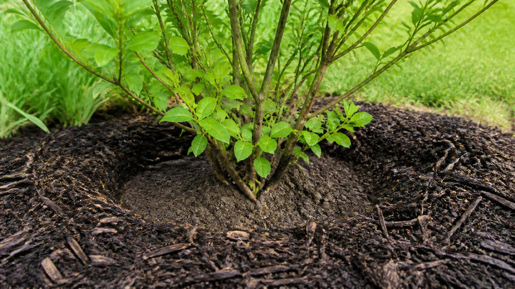 Correctly planted shrub at proper depth with mulch ring