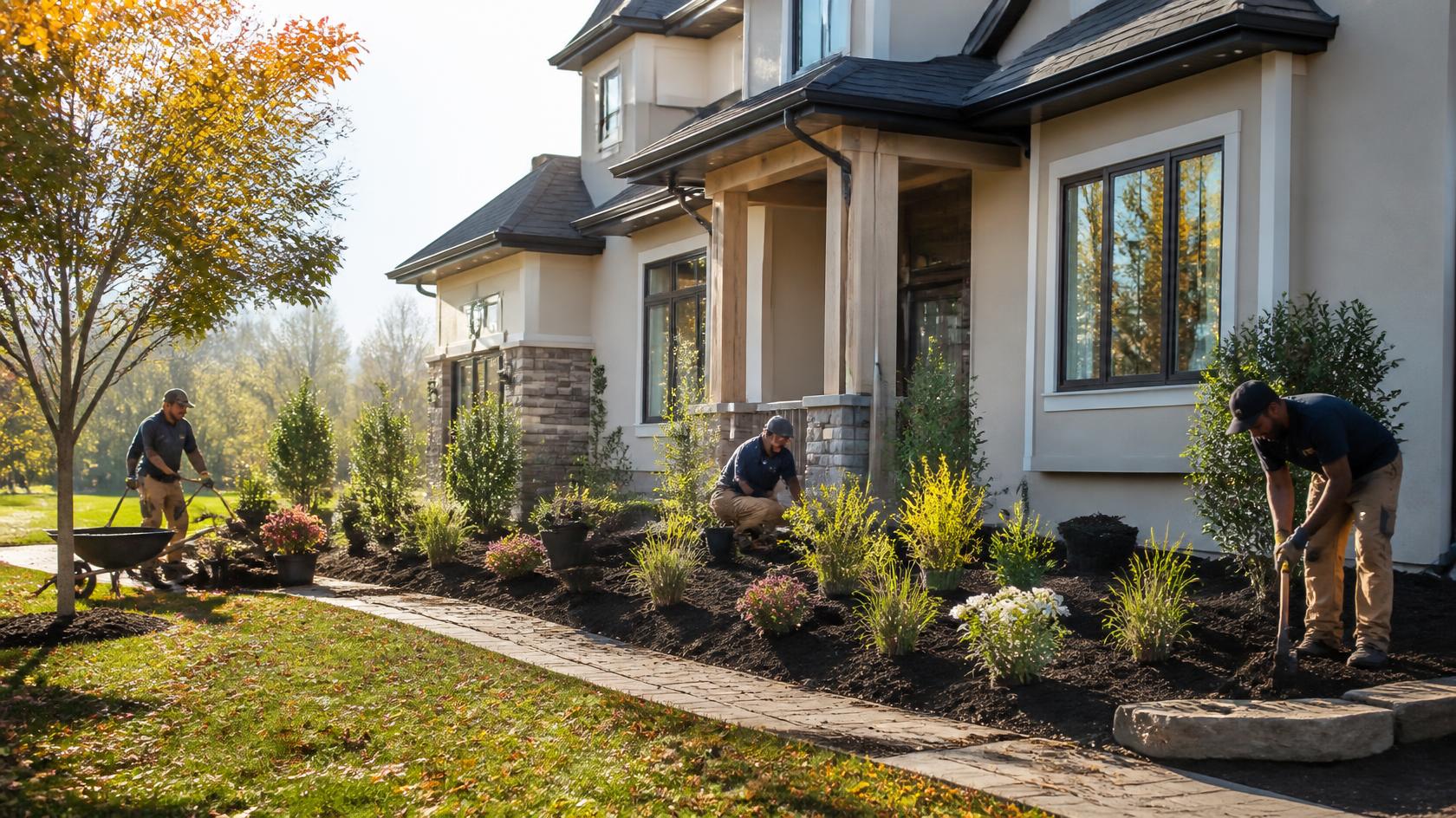 Professional fall foundation planting installation around a Kansas home