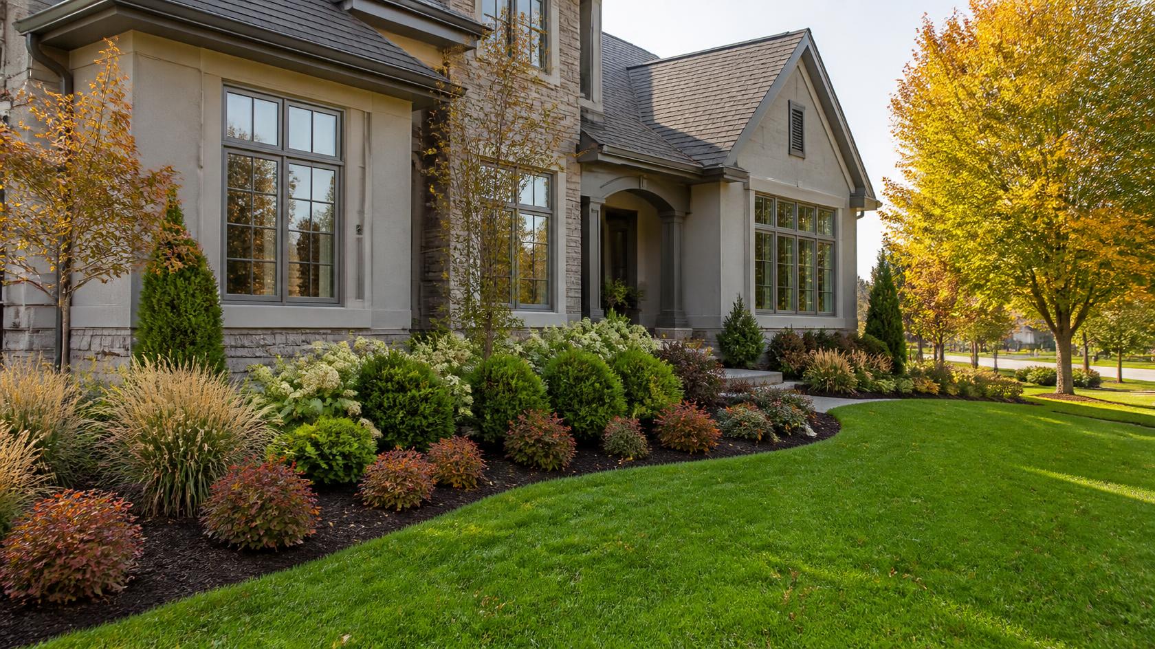 Renovated foundation landscaping with fresh mulch and healthy lawn