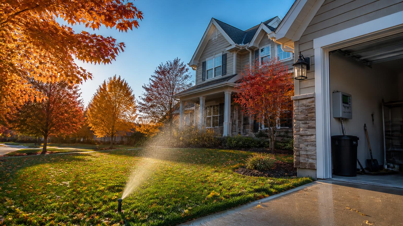 In-ground sprinkler system in a Kansas City yard during fall, ready for winterization