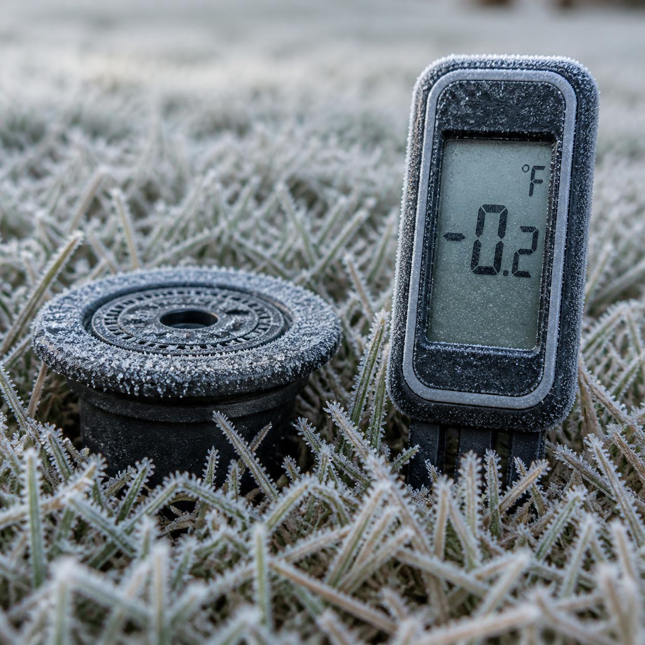 Outdoor thermometer below freezing beside a frosted sprinkler head