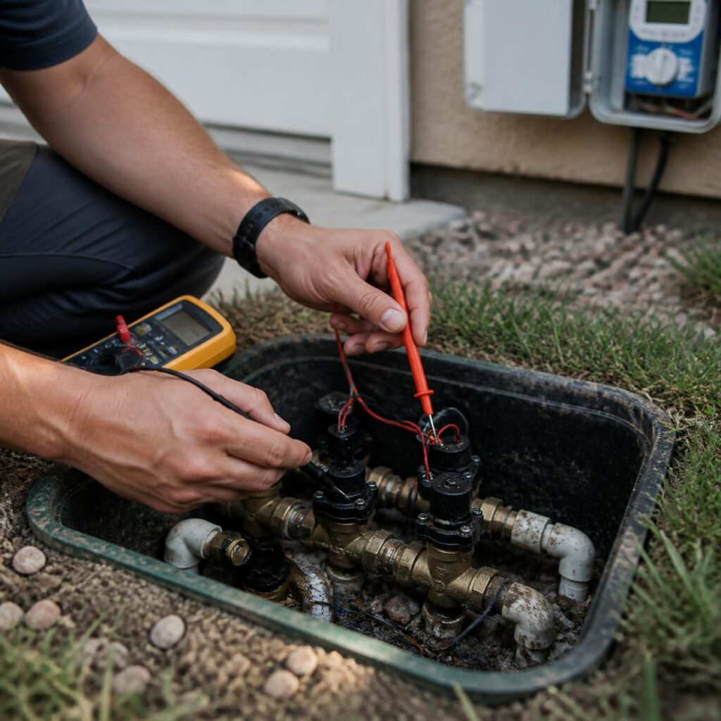 Technician diagnosing a sprinkler zone valve and solenoid during an irrigation repair