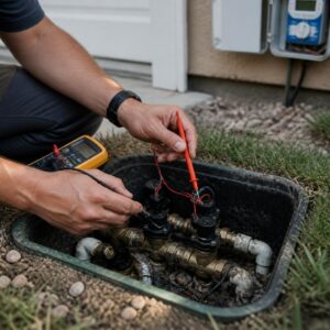 Technician diagnosing a sprinkler zone valve and solenoid during an irrigation repair