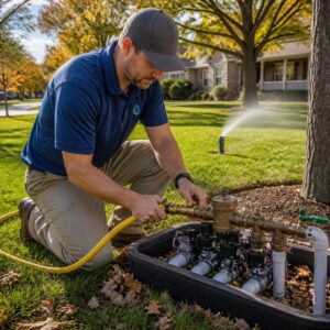 Technician performing a compressed-air sprinkler blowout for winterization in Kansas City