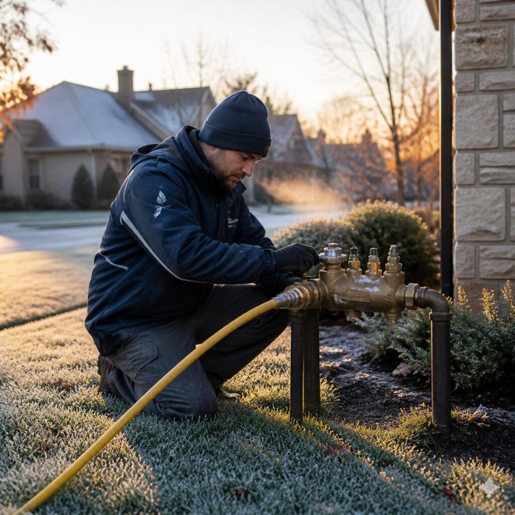 Technician winterizing a sprinkler system on a frosty Kansas City morning before a hard freeze